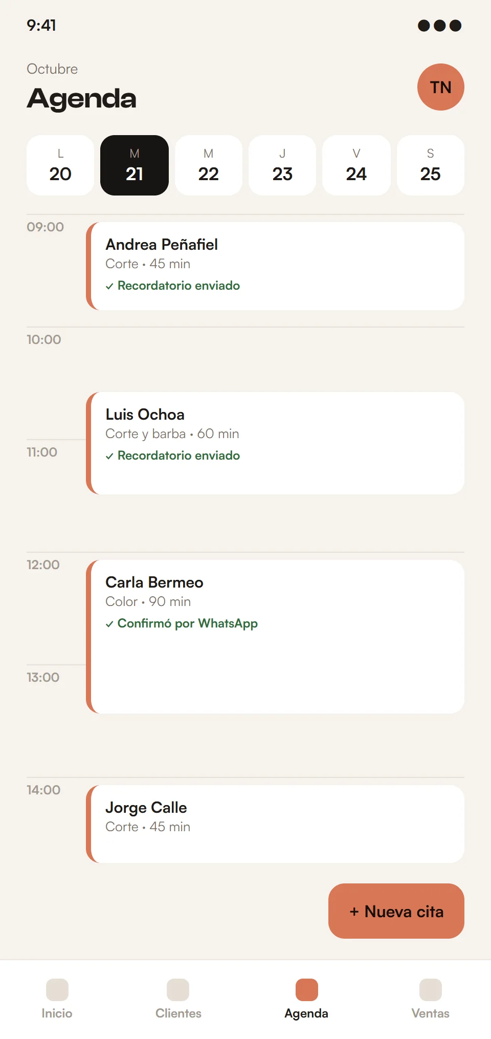 Agenda de citas de la app, con datos de ejemplo