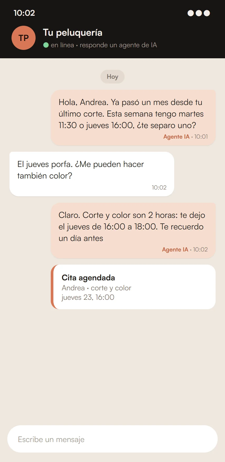 Chat de ejemplo: un agente de IA escribe a una clienta que no ha vuelto y le agenda una cita